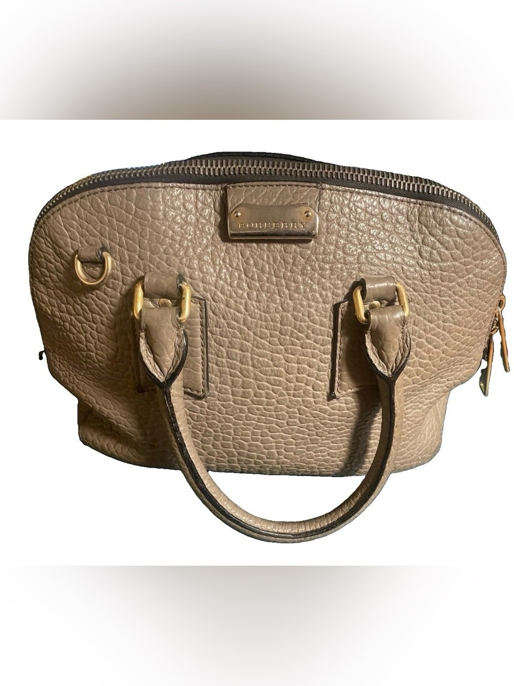 Burberry Satchel Shoulder Bag Taupe Pebbled-Finish Gold Hardware